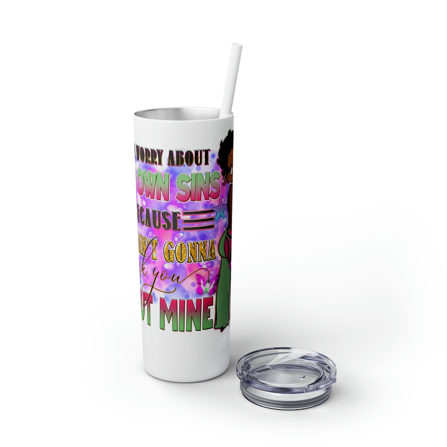 Betty Boop Worry About Your Own Sins, Skinny Tumbler with Straw, 20oz