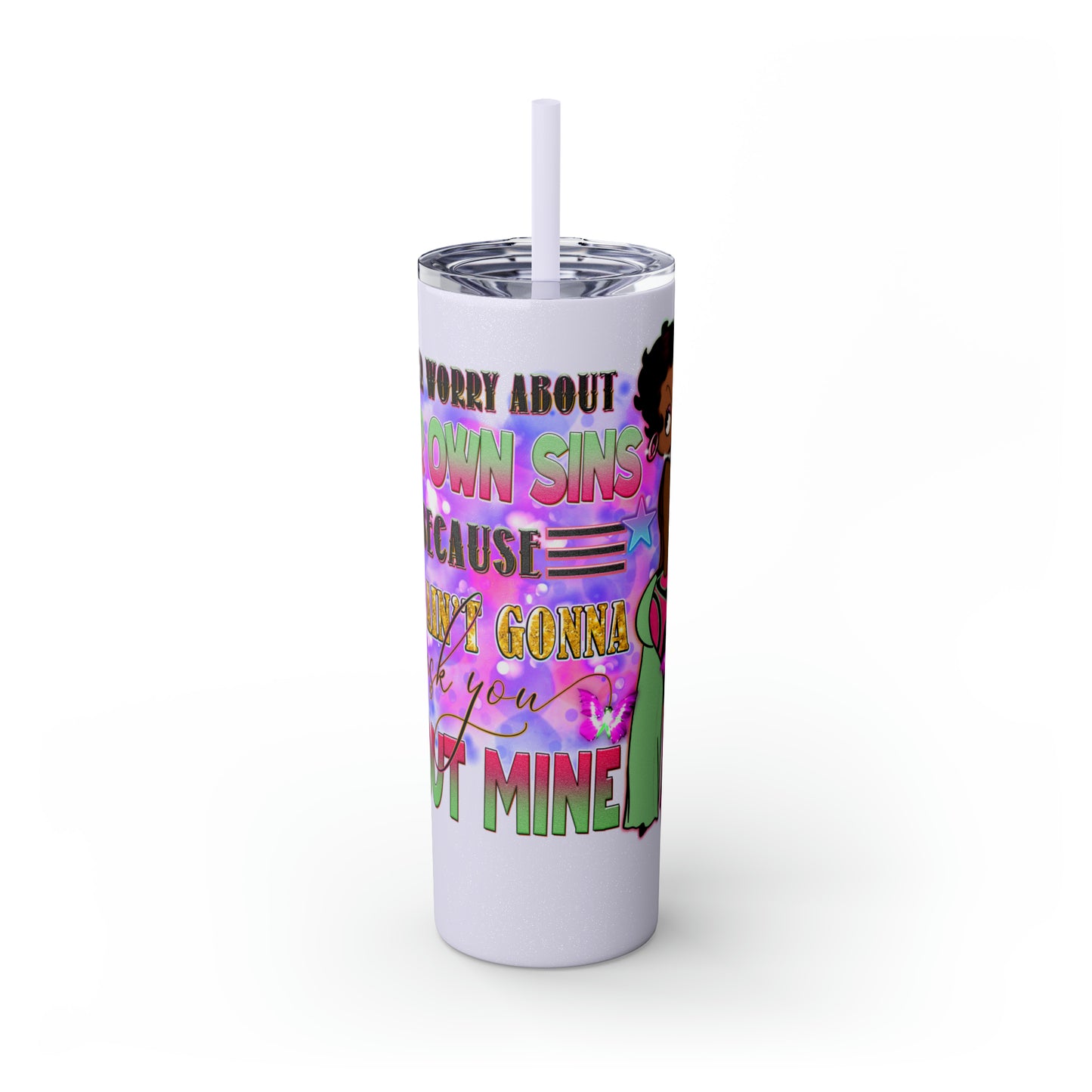 Betty Boop Worry About Your Own Sins, Skinny Tumbler with Straw, 20oz