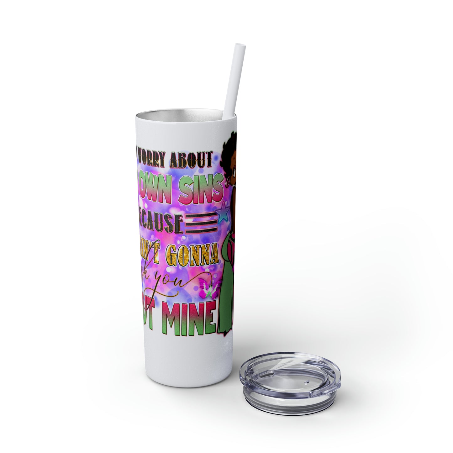 Betty Boop Worry About Your Own Sins, Skinny Tumbler with Straw, 20oz