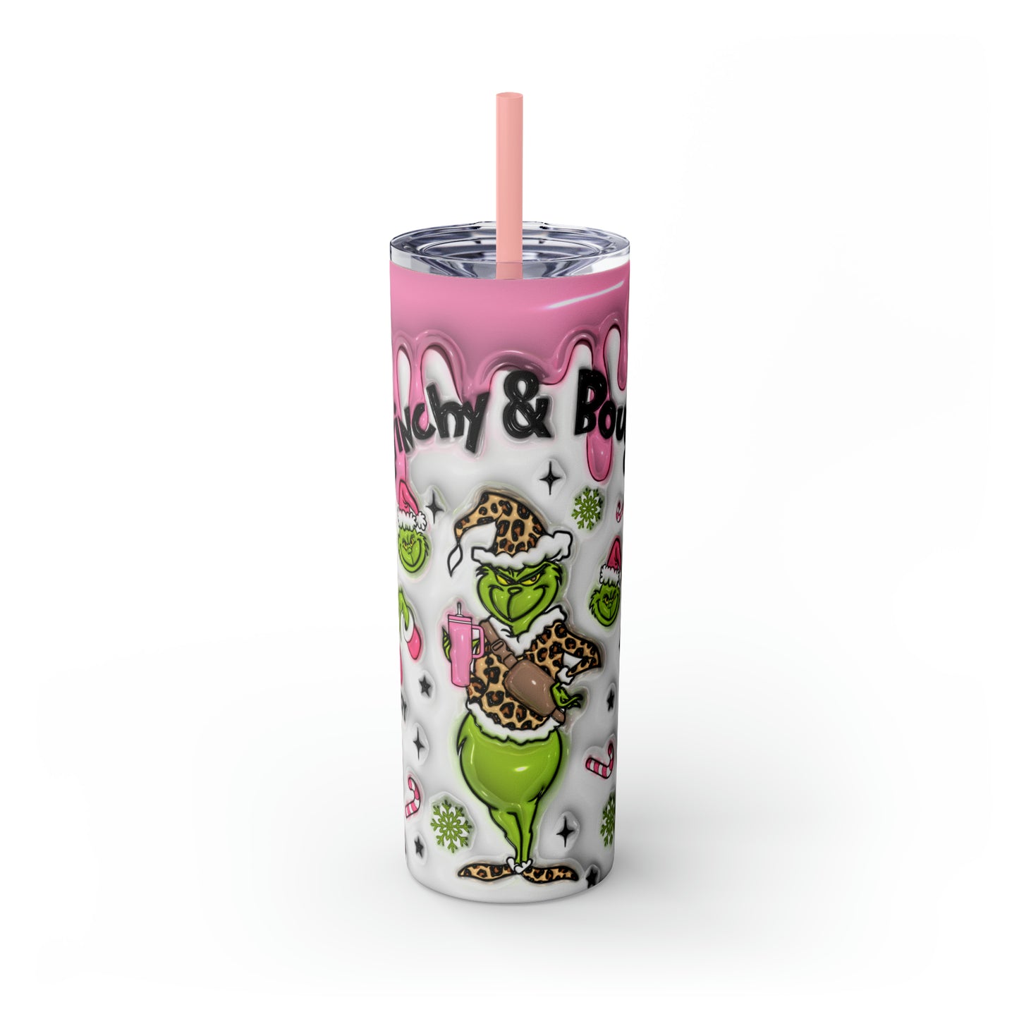 Grinchy and Bougie White and Pink  Skinny Tumbler with Straw, 20oz