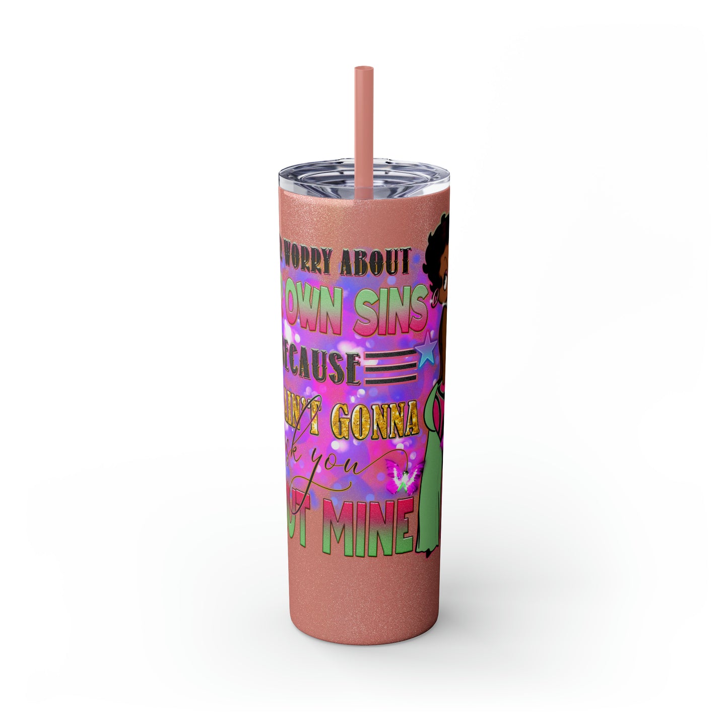 Betty Boop Worry About Your Own Sins, Skinny Tumbler with Straw, 20oz