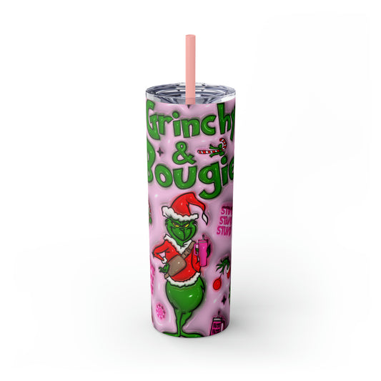 Grinchy and Bougie Pink Skinny Tumbler with Straw, 20oz