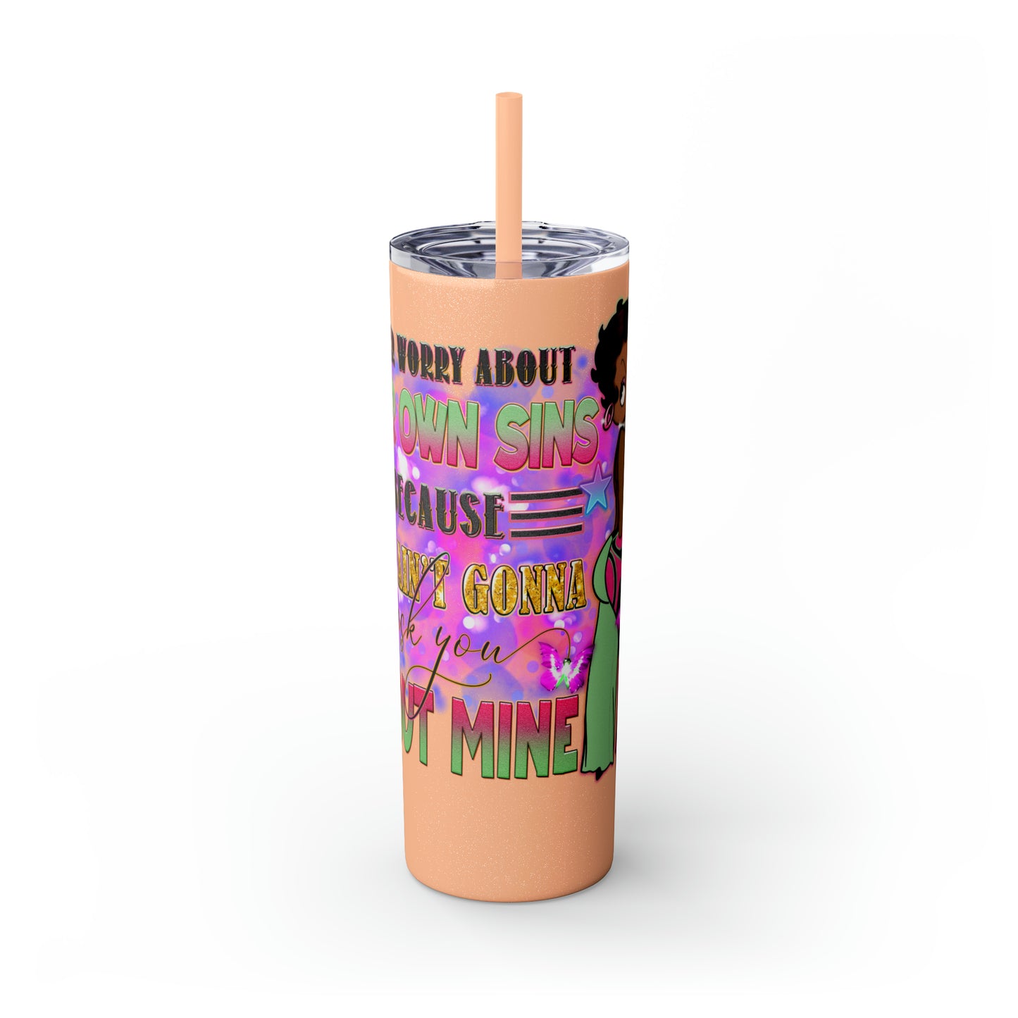 Betty Boop Worry About Your Own Sins, Skinny Tumbler with Straw, 20oz