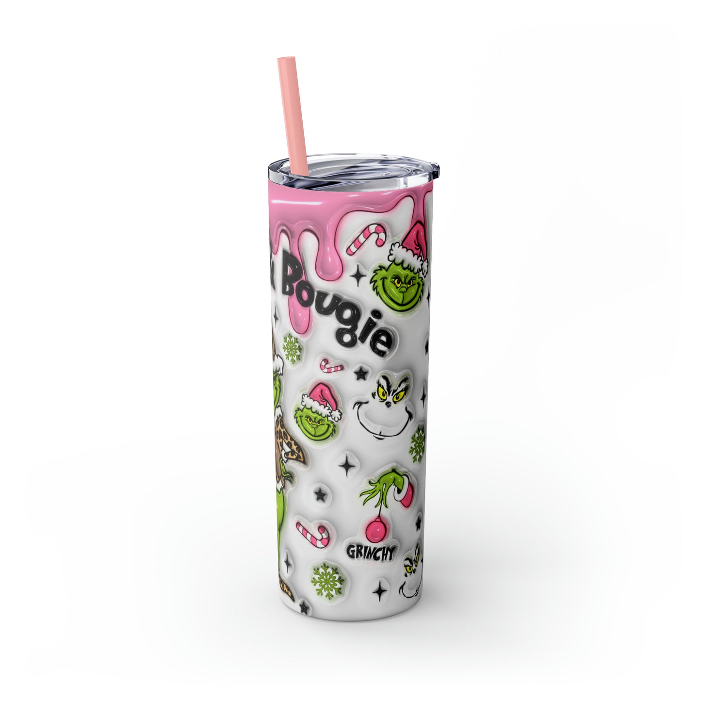 Grinchy and Bougie White and Pink  Skinny Tumbler with Straw, 20oz