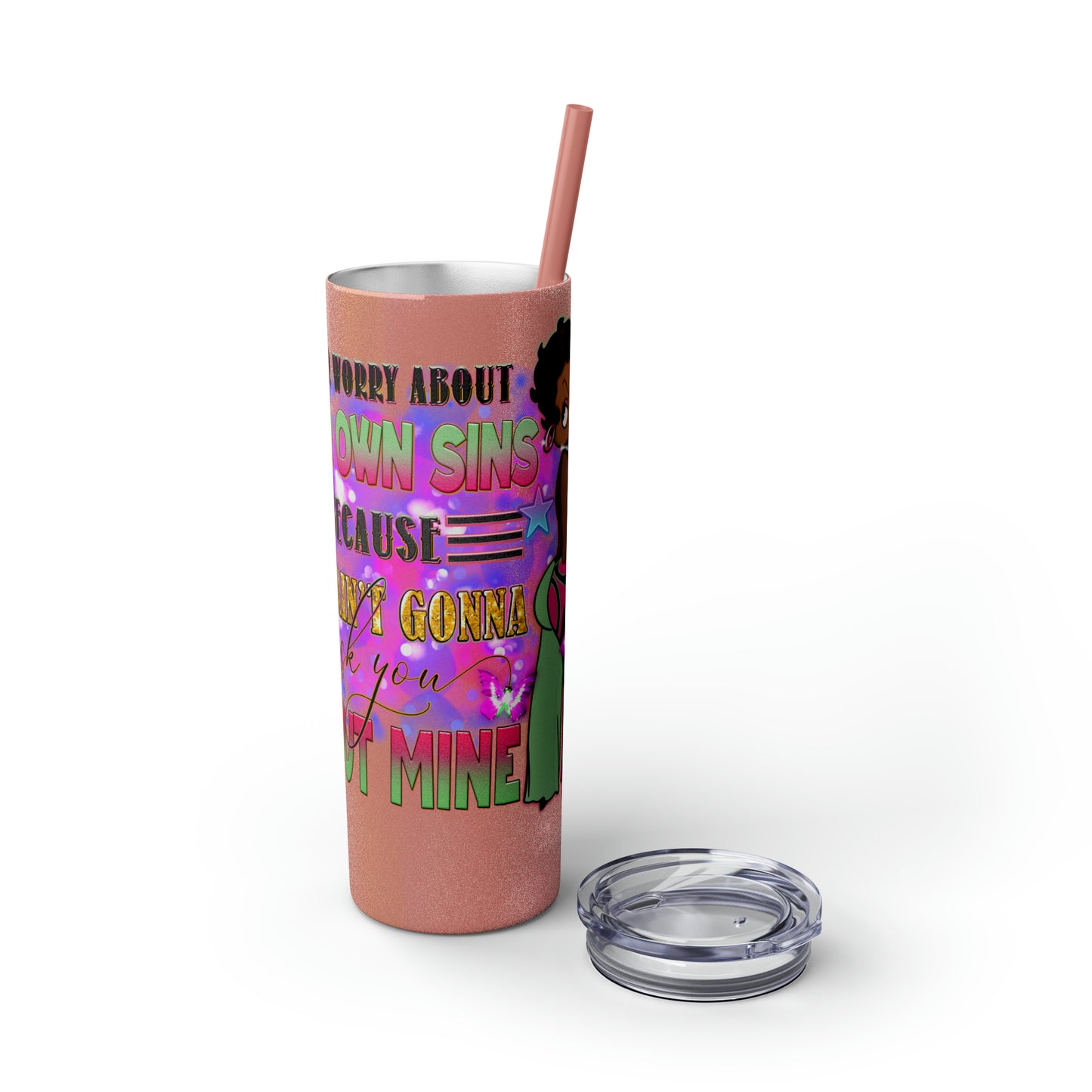 Betty Boop Worry About Your Own Sins, Skinny Tumbler with Straw, 20oz