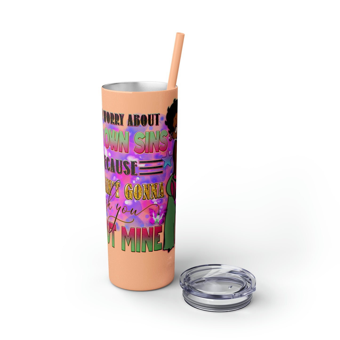 Betty Boop Worry About Your Own Sins, Skinny Tumbler with Straw, 20oz