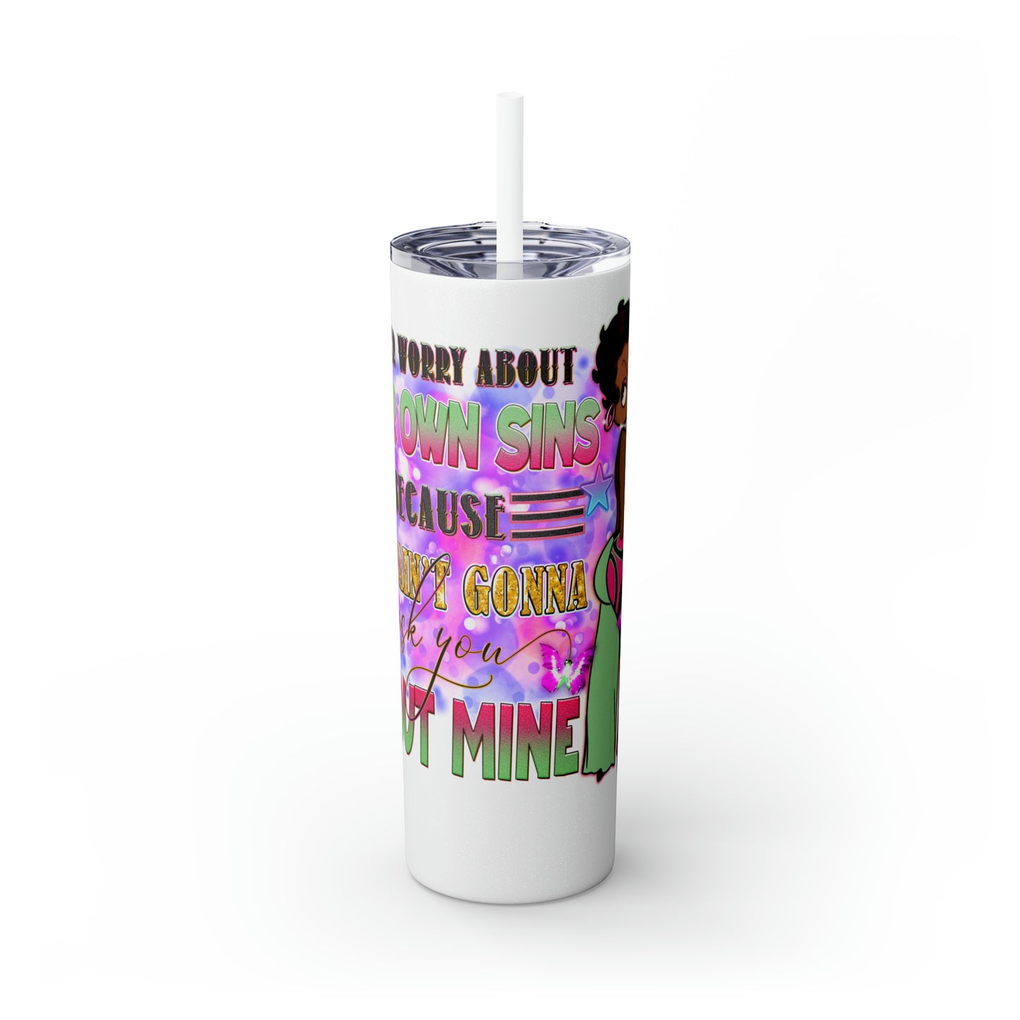 Betty Boop Worry About Your Own Sins, Skinny Tumbler with Straw, 20oz